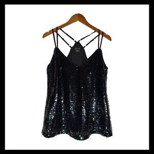 City Chic Black Sequin V Neck Tank Top Double Strap Sparkle Cami Size 12